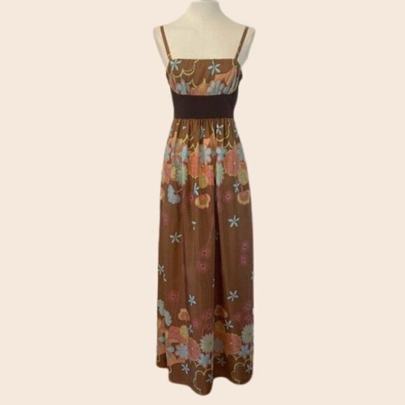 Vintage Y2K Hype Brown & Turquoise Floral Silk Maxi Dress Size 8 - Picture 1 of 14